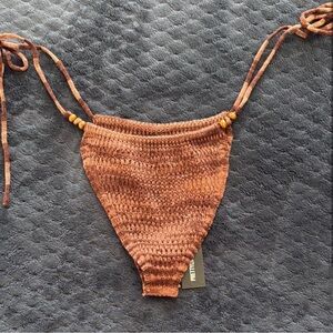 PrettyLittleThing Brown Crochet Beaded Tie-Side Bikini Bottom Women’s Medium NWT